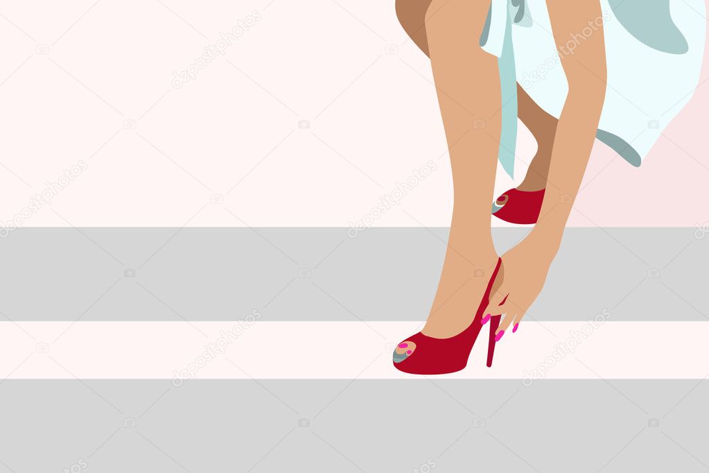 Abstract graphic illustration of female legs in red shoes, white blue dress, fashion print design spring summer, woman shopping, striped  background, color pink gray 
