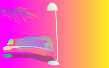 Neon koltuğu ve lambası olan neşeli bir iç mekan, palmiye dalı olan bir arka plan.