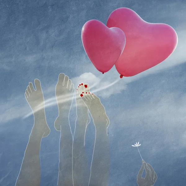 Happy Valentine's Day, couple in love with balloons in the shape of heart — Stock Photo, Image