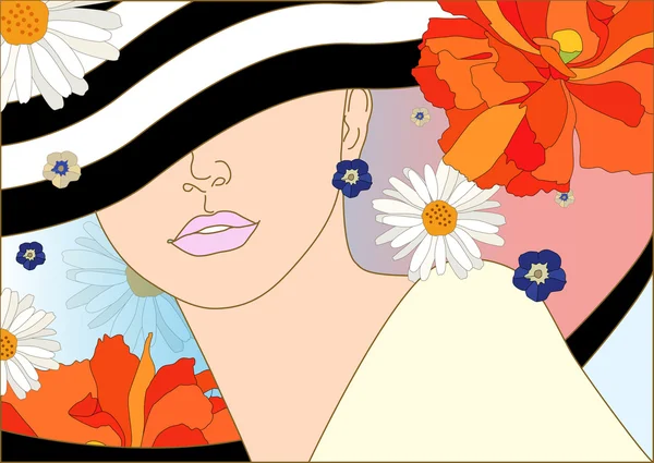 Dibujo de una mujer con sombrero de flores — Vector de stock