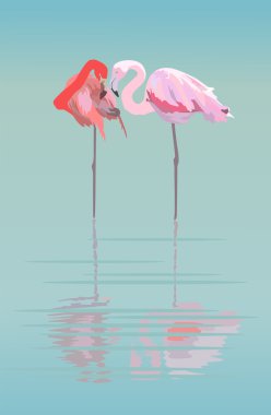 Pair of flamingos in the pond clipart