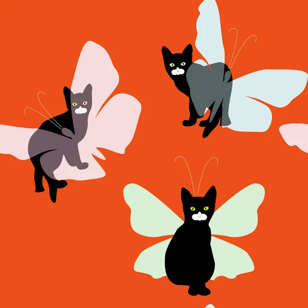 Pequeño gatito negro y mariposa,, papel pintado sin costuras — Archivo Imágenes Vectoriales