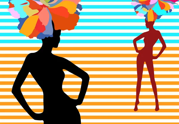 ストライプの背景、ファッション、アートの花帽子の女性のシルエット — ストックベクタ