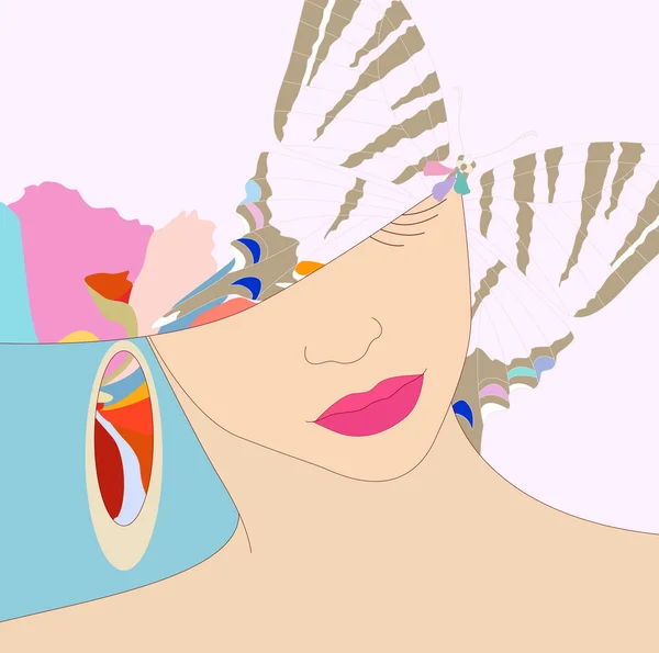 Mujer en un sombrero sobre un fondo floral, moda, joyería — Vector de stock