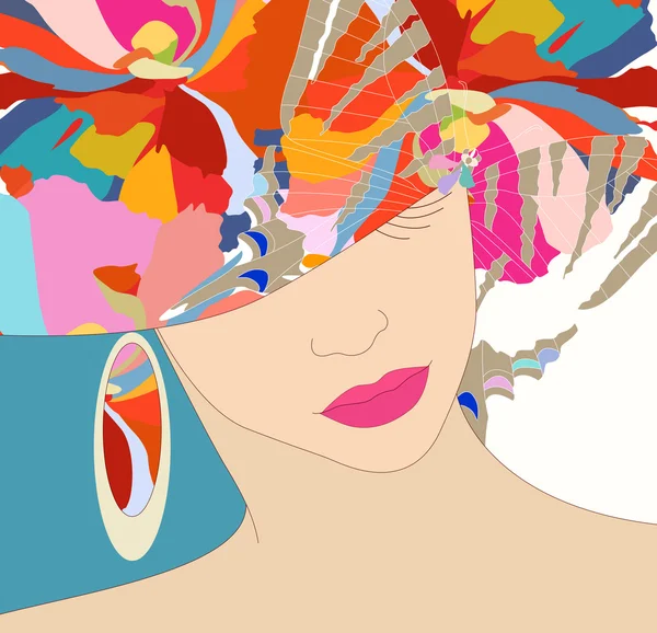 Frau mit Hut auf floralem Hintergrund, Mode, Schmuck — Stockvektor