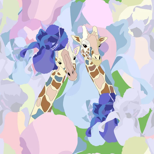 情侣浪漫长颈鹿在鲜花中，无缝模式 — 图库矢量图片#
