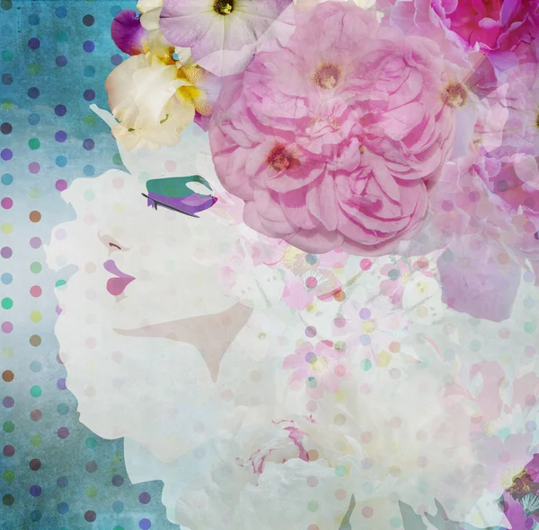 Retrato abstracto de una niña con sombrero de flores rosa — Foto de Stock