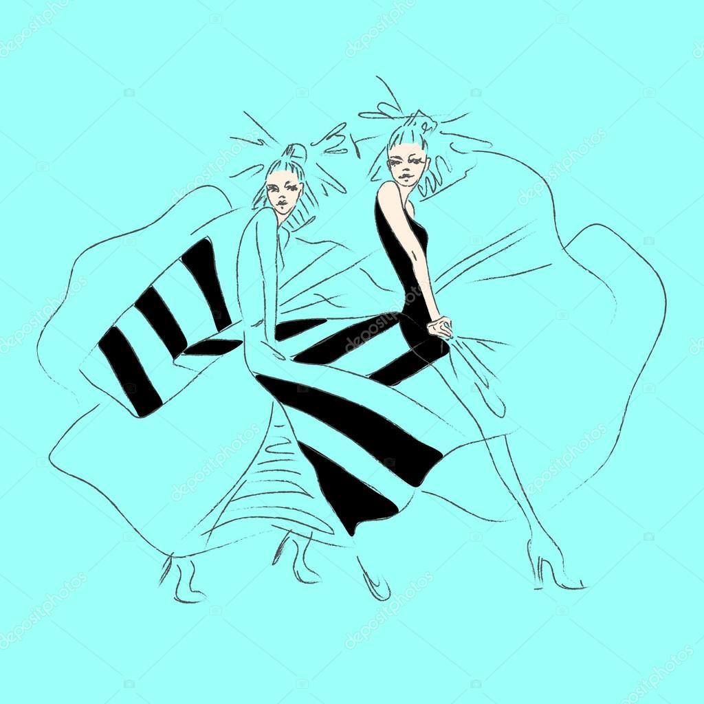 Abstract sketch of girls in dresses on a blue background. Fashion Week