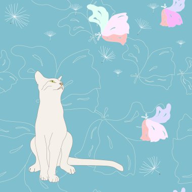 white Cat and sweet dreams, seamless pattern,  floral blue background clipart