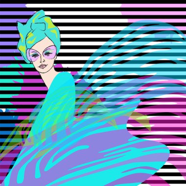 Soyut portre pembe güneş gözlüğü, yeşil şapka ve çizgiler, suluboya noktalar bir arka plan üzerinde elbise kız. moda