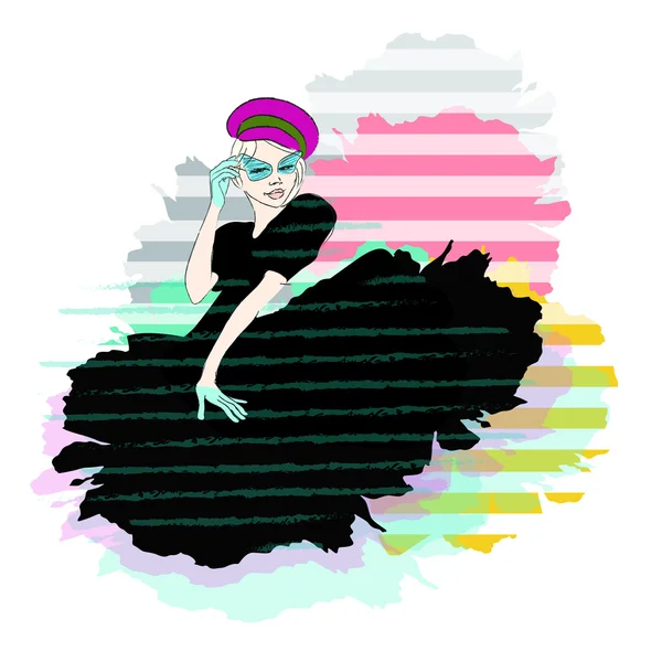 Adolescente chica en sombrero y vestido negro, moda — Vector de stock