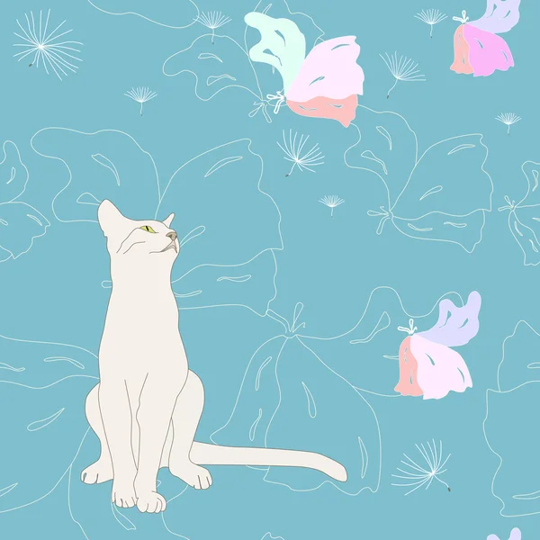 Branco Gato e doces sonhos, padrão sem costura, fundo azul floral — Vetor de Stock