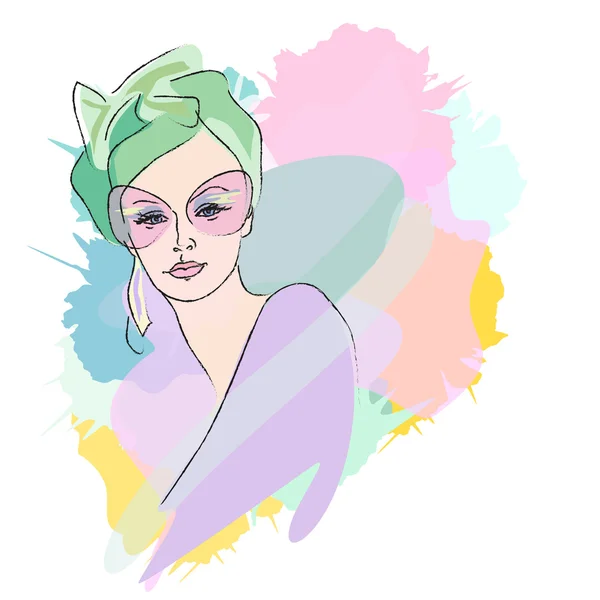 Portret abstract al unei femei într-un turban verde (eșarfă), o rochie violet, ochelari de soare roz pe pete colorate de acuarelă. Izolat pe fundal alb. Fashion Beauty — Vector de stoc