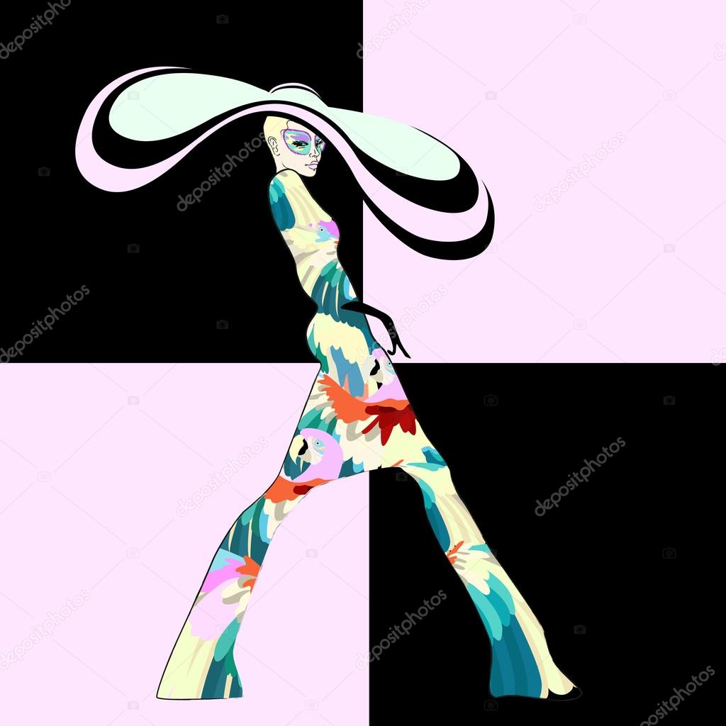 Abstract sketch of the girl in a suit, pattern of parrots, sunglasses, striped hat. Fashion Week, floral print