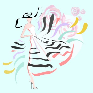 Abstract sketch of a woman in a striped dress and a hat,  decorated with roses, fashion logo, floral print