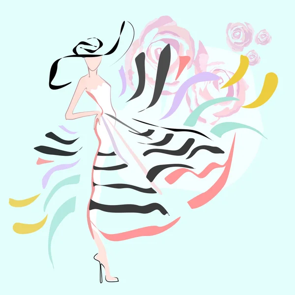 Abstract sketch of a woman in a striped dress and a hat,  decorated with roses, fashion logo, floral print — ストックベクタ