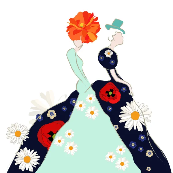 抽象素描的黑色裙与雏菊和罂粟花，霜降，绿色衣服的女人罂粟帽子和绿松石缸，春夏季时装，花卉打印 — 图库矢量图片#