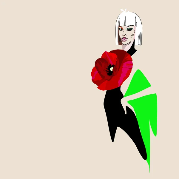 Абстрактний портрет дівчини в чорній сукні, прикрашеної маком, красою, логотипом моди, акварельною зеленою плямою — стоковий вектор