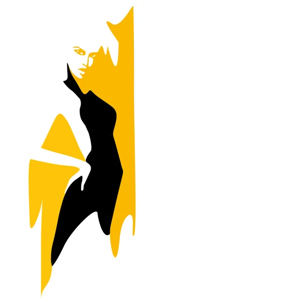 Bir sarı arka plan, izole beyaz arka plan, moda logo üzerinde siyah elbiseli bir kadın soyut suluboya çizimi — Stok Vektör