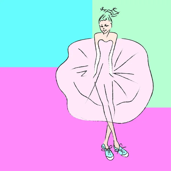 Illustration Teenie-Mädchen in einem rosa Kleid und blauen Schuhen für Modedruck, Plakattextilien, Modedesign — Stockvektor
