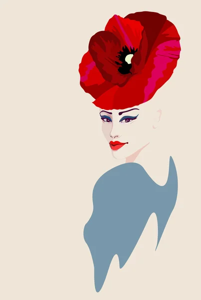 抽象的水彩肖像画，妇女的帽子形式的红色罂粟，美徽标 — 图库矢量图片#