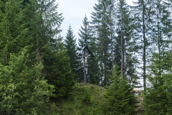 Estátua de Cristo na cruz no meio da floresta — Fotografia de Stock