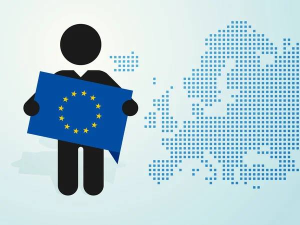 Figura homem detém bandeira da UE europa mapa fundo —  Vetores de Stock
