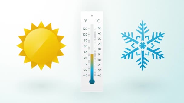 Sun and snowflake with thermometer and temperature fluctuation — Stock Video