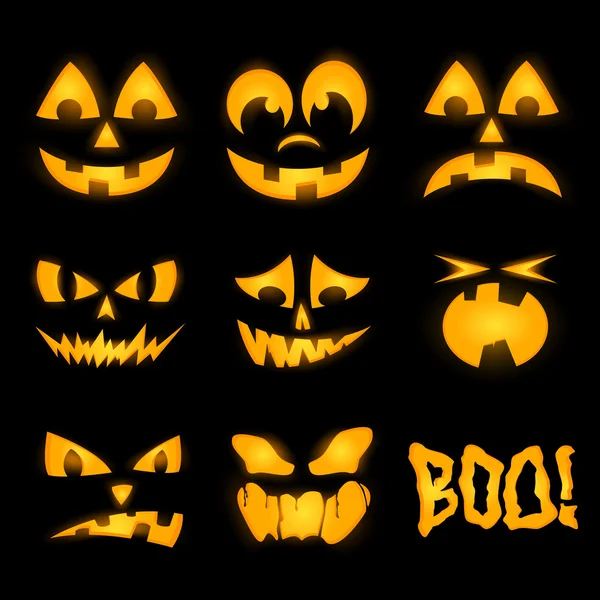 Orange halloween lighting pumpkin faces, emotions — Stock Vector