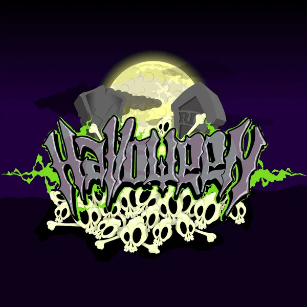 Texte d'Halloween avec tombes et crânes au clair de lune — Image vectorielle