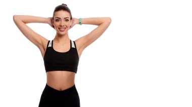 Güçlü sporcu kadın beyaz izole arka planda ellerini uzatıyor. Spor yapan kadın fiziksel egzersiz yapıyor ve gülümsüyor. Sağlık ve kilo kaybı kavramı