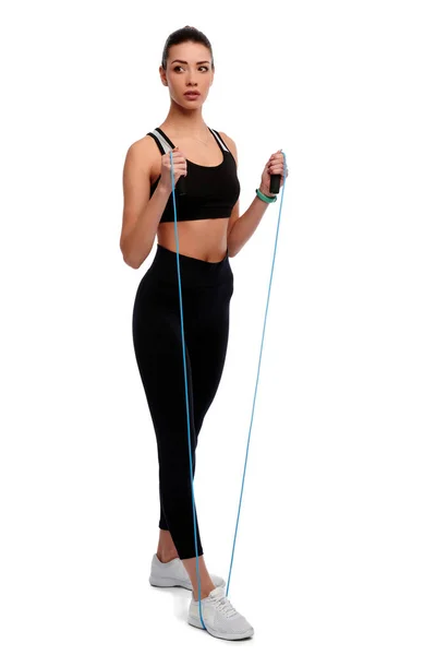 Smiling Fitness Female Jumping Rope White Isolated Background Woman Spots — Stock Photo, Image