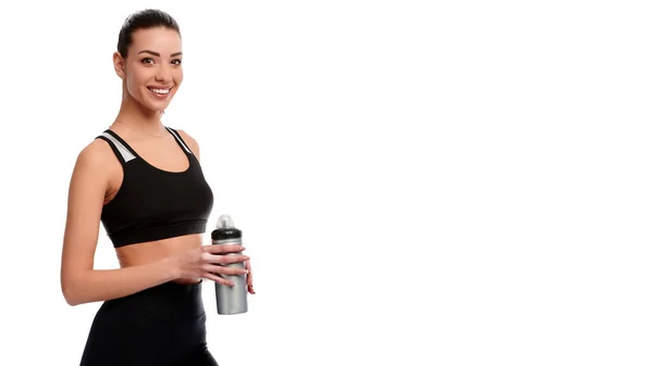 Sonriente Instructor Fitness Caucásico Sosteniendo Una Botella Agua Plástica Sobre — Foto de Stock
