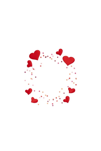 Valentines Day background. Flat Lay with hearts and confetti on white background with copy space — Stock Photo, Image