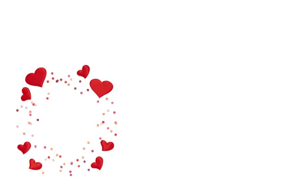 Valentines Day background. Flat Lay with hearts and confetti on white background with copy space — Stock Photo, Image