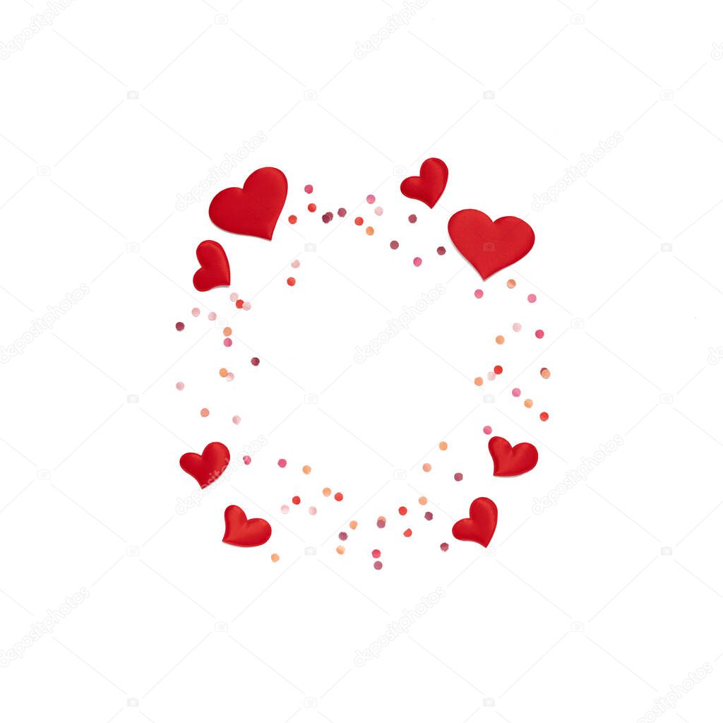 Valentines Day background. Flat Lay with hearts and confetti on white background with copy space