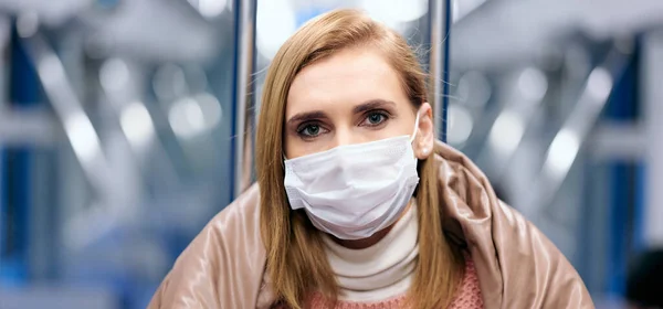 Woman Metro Station Wearing Protective Surgical Hygiene Mask Face Prevent — Stock Photo, Image