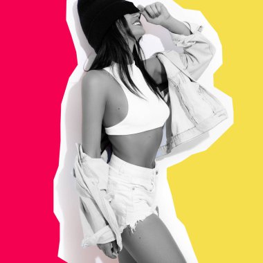 İnce, bronz tenli, kot ceketli güçlü vücutlu ve beyaz şapkalı genç bir kadın.