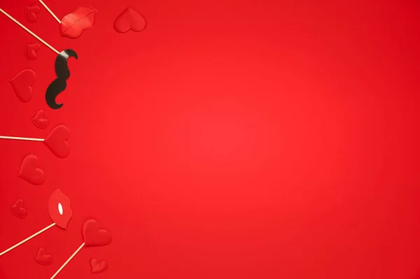 Soft Hearts Lips Paper Moustache Red Background Template Valentine Day — Stock Photo, Image