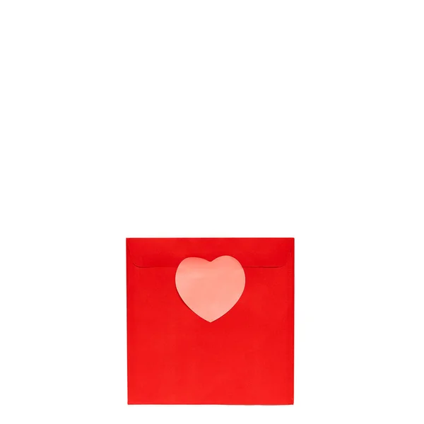 Envelope Amor Quadrado Vermelho Com Coração Rosa Fundo Isolado Branco — Fotografia de Stock