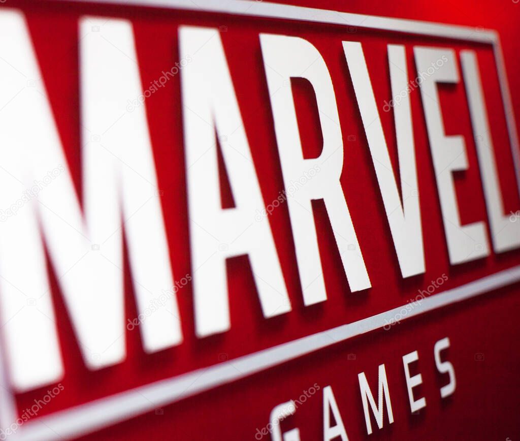 Kyiv, Ukraine -  March 9, 2021: Marvel Games logo on the screen. Famous brand producing comics, films, tv series, games and other related media.