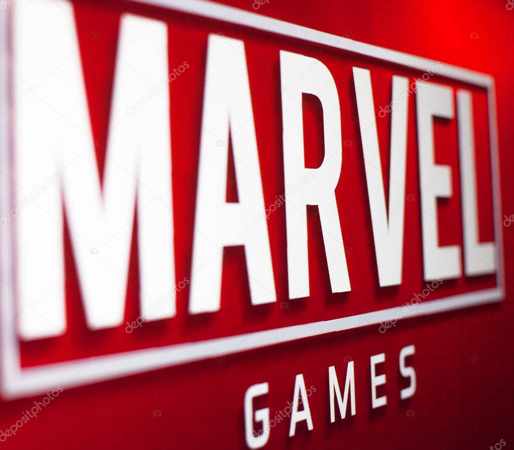 Kyiv, Ukraine -  March 9, 2021: Marvel Games logo on the screen. Famous brand producing comics, films, tv series, games and other related media.