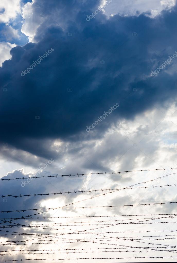 Barbed wire against the cloudy sky background