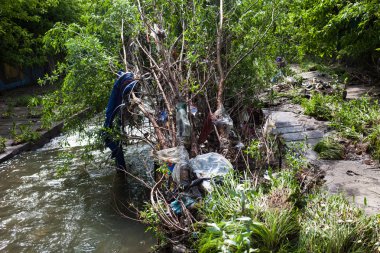 Su kirliliği. Şehir deresinin yanındaki çöpler.