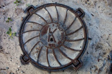 Kuyu kumlu toprağa paslı metal kapaklı