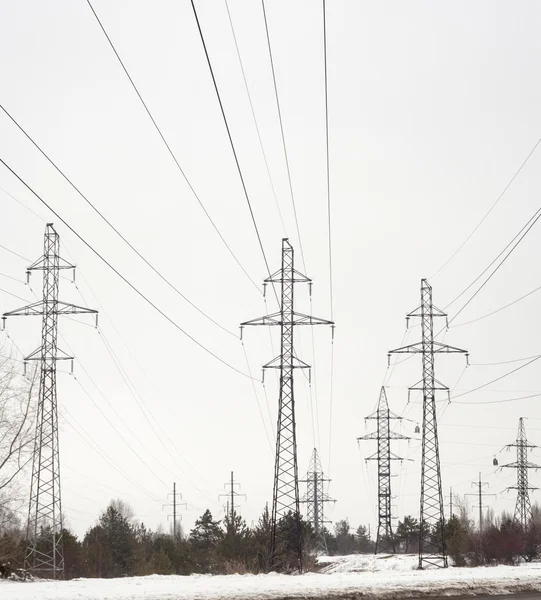 Пілони електрики та лінії електропередач в зимовий день — стокове фото