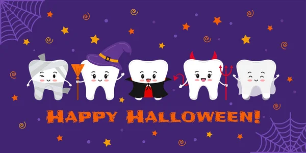 Dientes en traje de carnaval en la tarjeta de felicitación dental Feliz Halloween. — Vector de stock