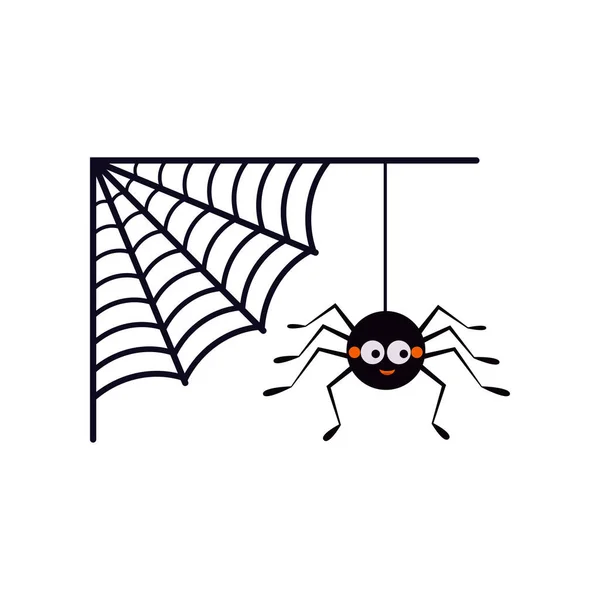 Χαριτωμένη χαμογελαστή μαύρη αράχνη κρέμεται σε μια σειρά από ιστούς αράχνης — Διανυσματικό Αρχείο