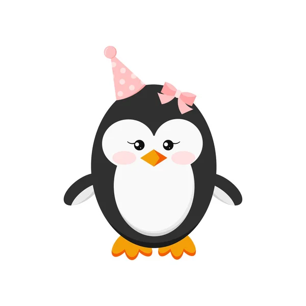 Schattige pinguïn baby meisje in gelukkige verjaardag party cap geïsoleerd op witte achtergrond. — Stockvector