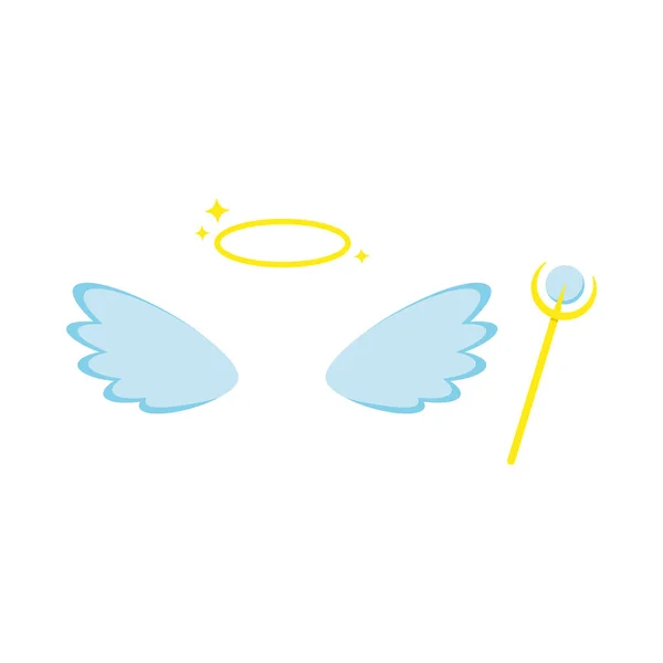 Angel jelmez szárnyakkal, glória, személyzet attribútumok elszigetelt fehér háttér. — Stock Vector